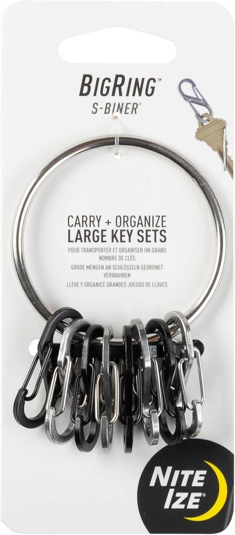 Nite Ize BigRing Steel S-Biner - Key Holder with Carabiners - Heavy-Duty Organizer with Black & Stainless Steel S-Biners - Key Ring & Keychain Accessories