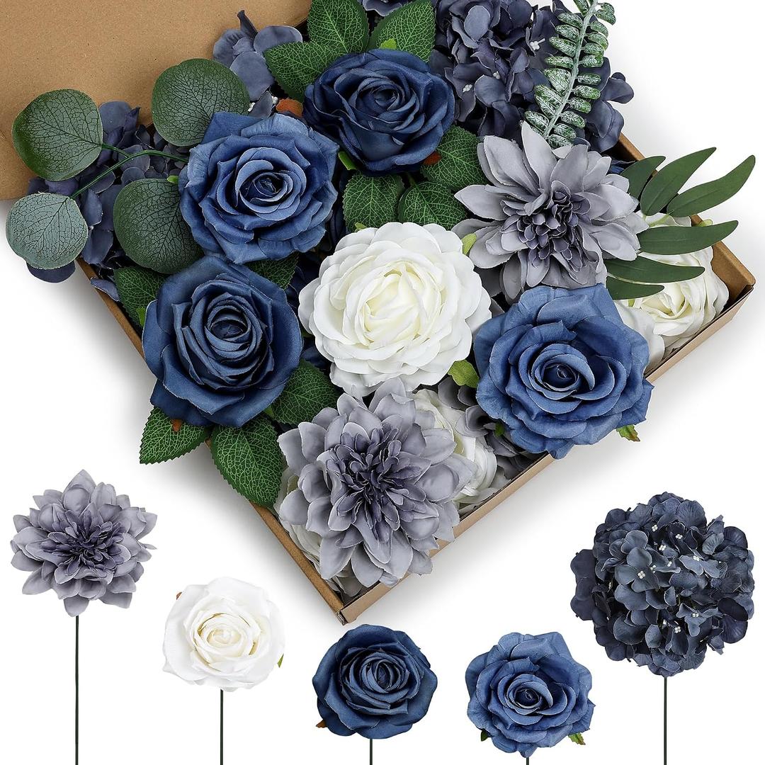Artificial Flowers Combo Box, Navy Blue DIY Fake Silk Flowers Set Decor with Stems for Roses Wedding Party Centerpieces Bridal Bouquets Cake Decorations Arrangements Indoor Outdoor