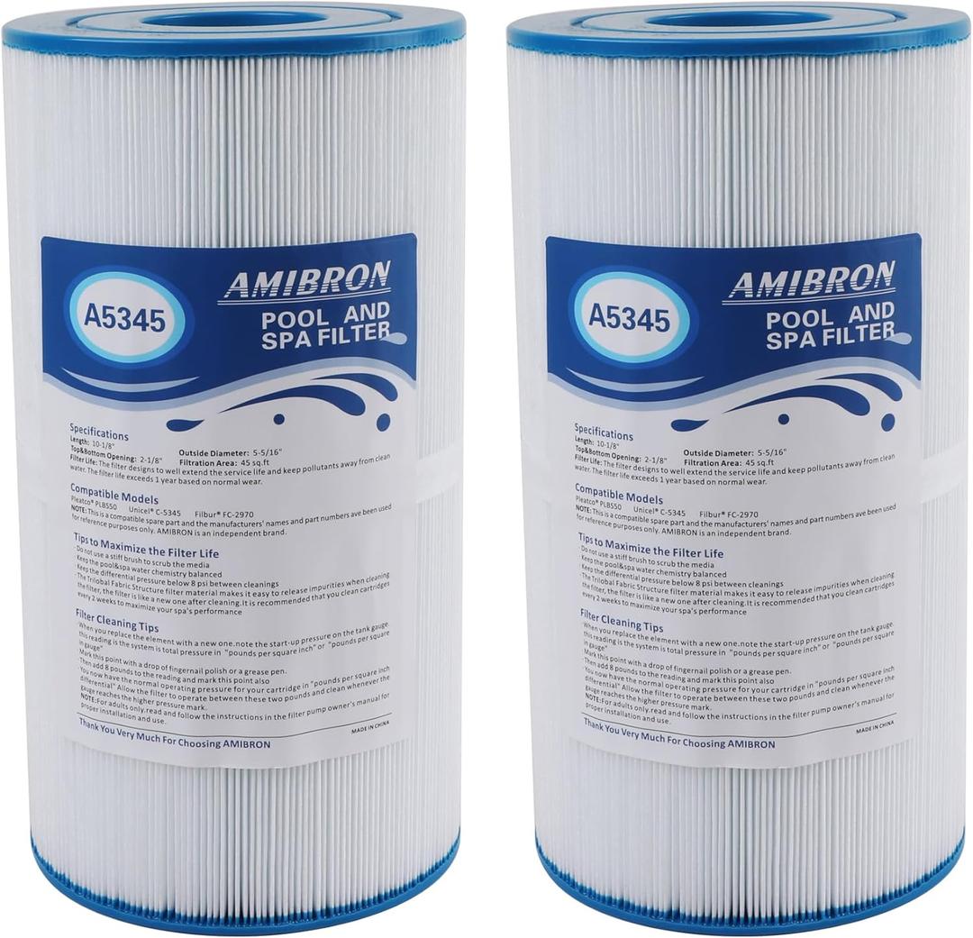 C-5345 Spa Filter, Compatible with PLBS50, Filbur FC-2970, 817-0014, R173584, 173584, X268519, 10419, 14513, 50451, S2/G2 Spa, 5x10 Drop-in Hot Tub Filter, 2PACK