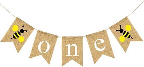 Bumble Bee 1st Birthday Garland, Happy 1st Bee Day Banner,Jute Burlap Baby ONE High Chair Banner, Boys Girls First Birthday Party Decorations Supplies