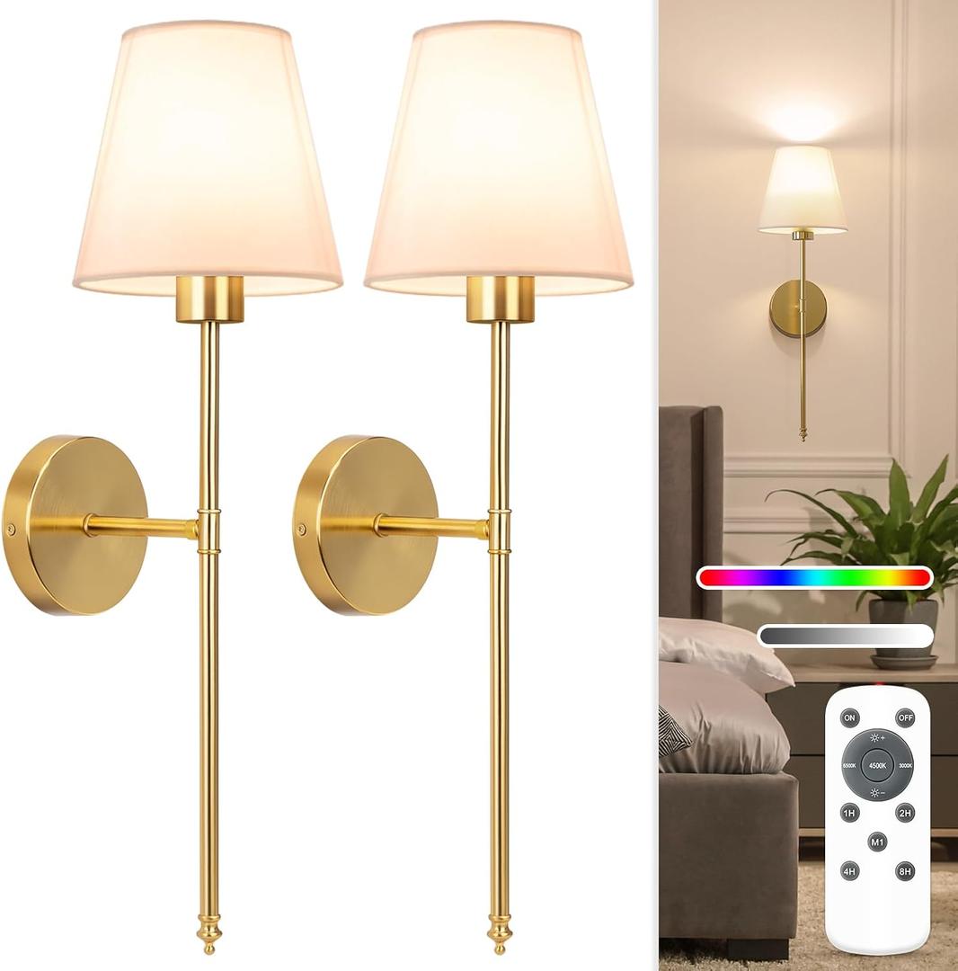 NIORSUN Battery Operated Wall Sconce Set of 2,Gold Rechargeable Wall Lights with 5200mAh Dimmable Bulbs and Remote,10 Colors Wireless Wall Lamps for Bedroom Living Room Hallway Decor