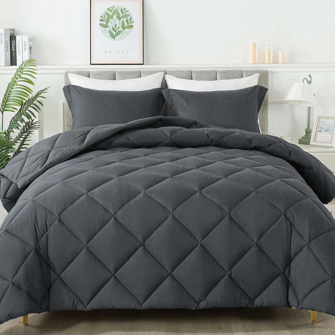 HYLEORY Queen Comforter Set with 2 Pillow Shams - Grey Fluffy Down Alternative Bedding Comforter Sets, Lightweight Luxury Soft Cooling Bed Sets for All Season (Dark Grey)