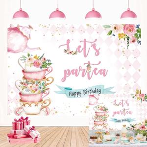Let's Partea Backdrop Spring Pink Floral Tea Party Happy Birthday Photography Background Sweet Baby Girl Shower Birthday Party Afternoon Tea Cake Table Decorations 7x5FT