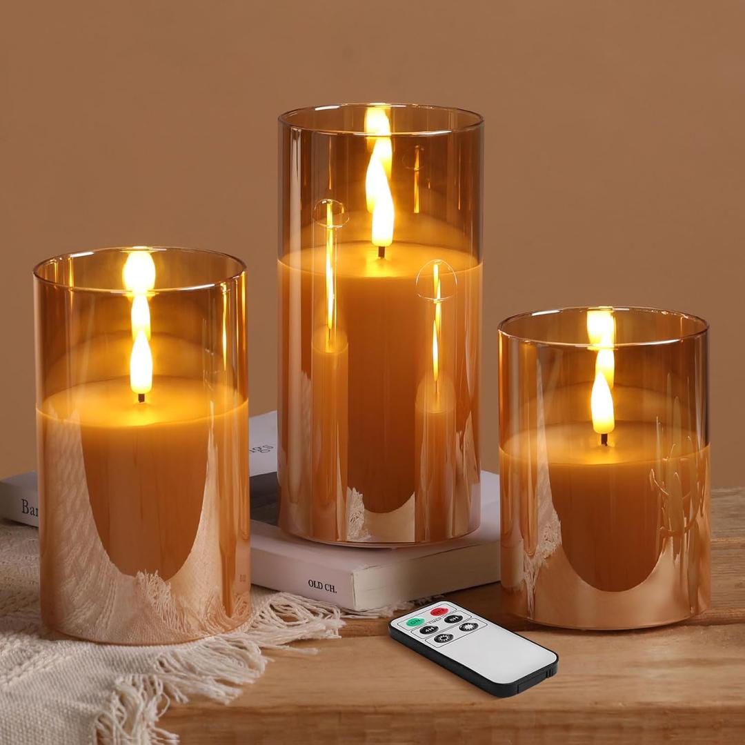 Eywamage Gold Glass Flameless Pillar Candles with Remote, Flickering Christmas LED Candles Battery Operated Set of 3