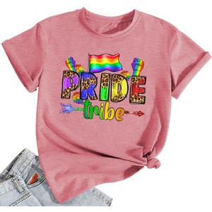 Pride Shirt Women Rainbow Heart Tee Top LGBTQ Equality Rights Short Sleeve Pink (Pink, L)