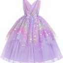 IDOPIP Flower Girl Sequin Butterfly Dress for Kids Wedding Bridesmaid Pageant Party Formal Long Lace Maxi Gown Big Princess Birthday Communion Prom Handkerchief Puffy Tulle Dresses Purple 5-6 Years