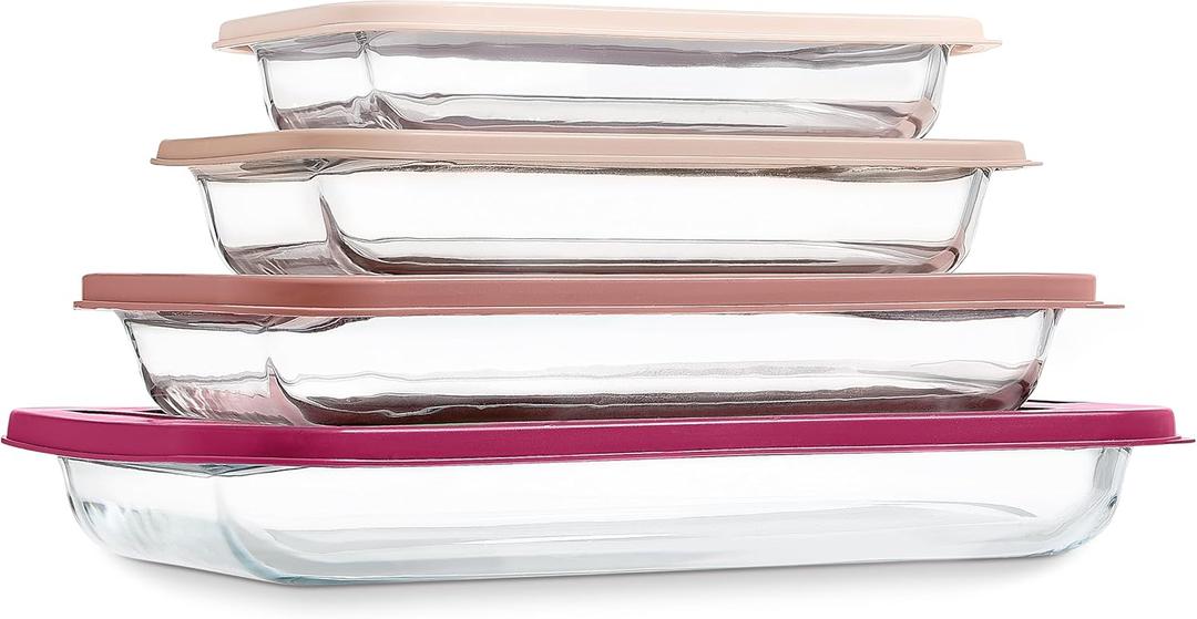 COOK WITH COLOR 8-Piece Deep Glass Baking Dish Set with Plastic Lids  Casserole and Food Storage Containers for Lasagna, Leftovers  Freezer-to-Oven, Microwave & Dishwasher Safe, Rose