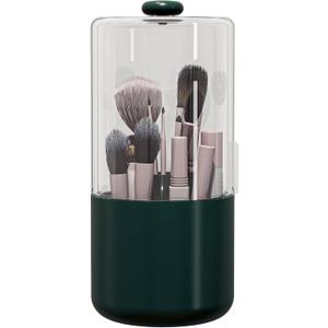 Makeup Brush Holder with Dustproof Cover, Clear 360 Rotating Make Up Brushes Organizer for Counter Vanity Bathroom, Olive Green