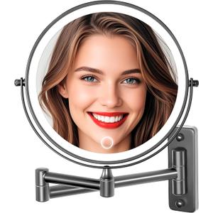 Magnifying Mirror with Lights 1X/20X, 9" Double Sided 5000mAh Rechargeable Wall Mounted Lighted Makeup Mirror, 3 Color LED Lights Dimmable, Wall Mount Mirror 17" arm for Bathroom, Black Brushed Nickel