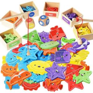Montessori Toys for Toddlers 1-3,Wooden Magnetic Fishing Game Educational Shape & Color Sorting for Kid 3-5,Boy Girl Preschool Learning Motor Skill Matching Activity Toy for Age 2-4 (Box)