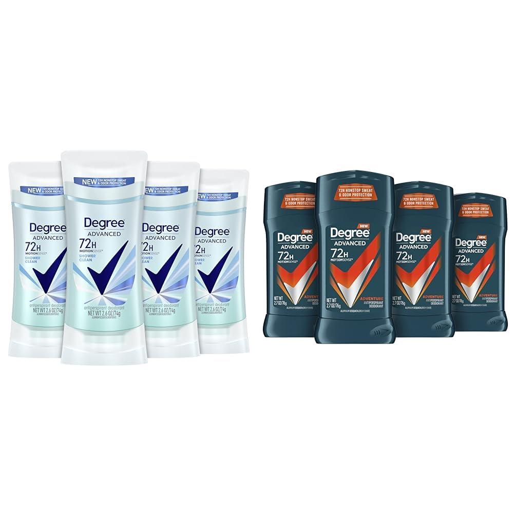 Degree Women's Antiperspirant Deodorant 4 Pack 72-Hour Sweat & Odor Protection with MotionSense and Degree Men's Antiperspirant Deodorant Adventure Freshness 4 Pack Degree Women's Antiperspirant Deodorant 4 Pack 72-Hour Sweat & Odor Protection with MotionSense and Degree Men's Antiperspirant Deodorant Adventure Freshness 4 Pack