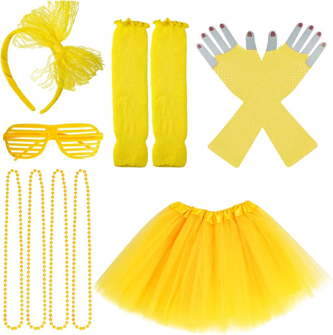jiebor 80s Costume Outfits Accessories for Girls Tutu Skirt Leg Warmers Fishnet Gloves Shutter Glass Headband Necklace (Yellow)