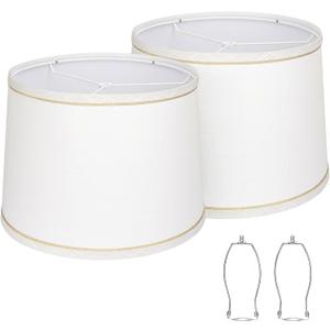 Lampshades Set of 2 for Table Lamps, Floor Lamps, Fabric White Lamp Shades 11.6" Top x 12.6" Bottom x 9.8" High, Drum Lampshades(Spider Fitter), Medium Lamp Shades Replacement, Easy Assembly Required (White with Brown Rim)