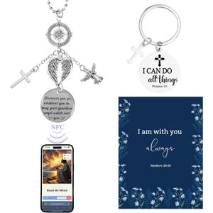 Car Rearview Mirror Accessories - NFC Cross Scripture Keychain Inspirational Card Christian Ornament Angel Heart Wings Blessing Lucky Beads Decoration Gifts for Women Christmas Thanksgiving