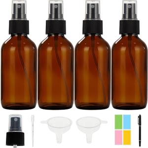 Dark Amber Glass Spray Bottles 4 oz, Small Glass Spray Bottles for Essential Oils, Fine Mist for Face, Hair, Plants, Travel, Perfumes, Cleaning Solutions - 4 Pack