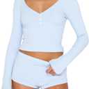REVETRO Fall Womens 2 Piece Pajama Sets Sexy PJ Shorts Y2k V Neck Long Sleeve Lounge Set Sleepwear with Button Down (Medium, Blue)