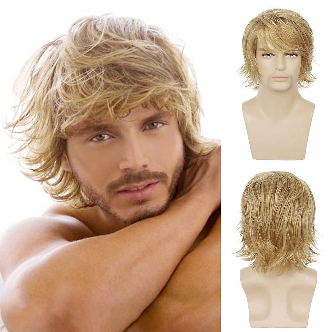 Sallcks Mens Blonde Short Fluffy Layered Wig Natural Synthetic Halloween Cosplay Hair Wig for Male Guy