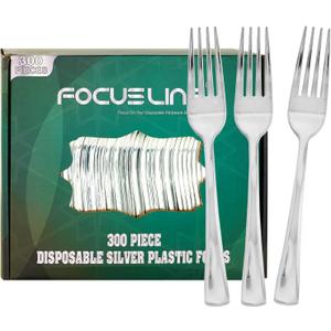 FOCUSLINE 300 Pack Disposable Silver Plastic Forks, Solid and Durable Plastic Cutlery Forks, Heavy Duty Disposable Utensil Silverware for Catering, Parties, Dinners, Weddings