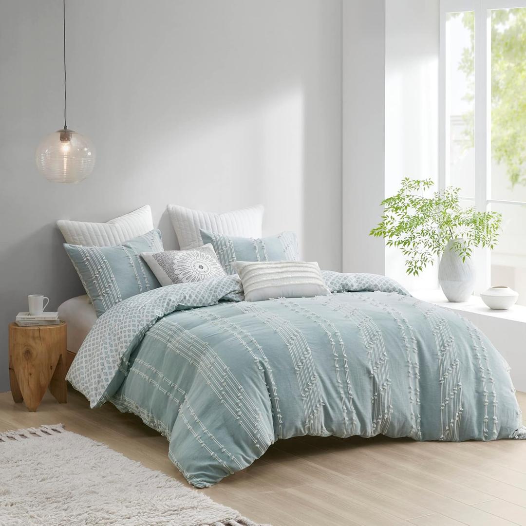 INK+IVY 100% Cotton Comforter Set Trendy Stripe Textured Design, Modern Down Alternative, All Season Cozy Bedding with Matching Shams, Full/Queen, Aqua Reversable Stripes