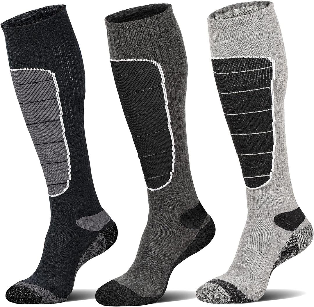 Hylaea Merino Wool Ski Socks, Cold Weather Socks for Snowboarding, Snow, Winter, Thermal Knee-high Warm Socks, Hunting (Large, Black Dark Grey Grey (3 Pairs))
