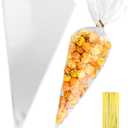 7x15 Inches Cone Shaped Treat Bags, 100 Pcs Clear Cellophane Treat Bags Plastic Cone Triangle Carrot Shaped with Ties for Graduation Candy Popcorn Bag Cookies Snack Party Favor Gift Pouches Decorations