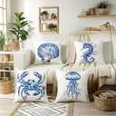 Chinoiserie Coastal Beach Pillow Covers 18x18, Blue and White Floral Seashell Sea Horse Crab Jellyfish Decorative Pillow Covers for Beach Room House Cabin Bedroom Home, Set of 4 haiyang4