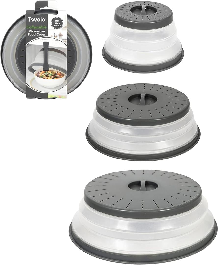 Tovolo Microwave Splatter Cover for Food, 3-Pack (Charcoal) - Collapsible & Vented Silicone Splatter Guard Lid - Microwave Plate & Dish Cover with Handle - BPA-Free Kitchen Gadget for Meal Prep (Set of 3)