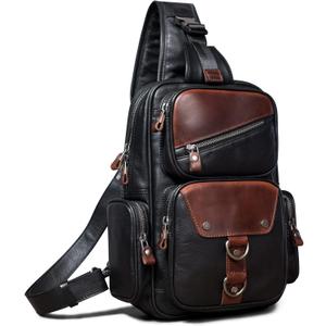 Genuine Leather Sling Bag for Men Large Crossbody Shoulder Bag Casual Sling Backpack Anti-Theft Travel Chest Purse (Black)