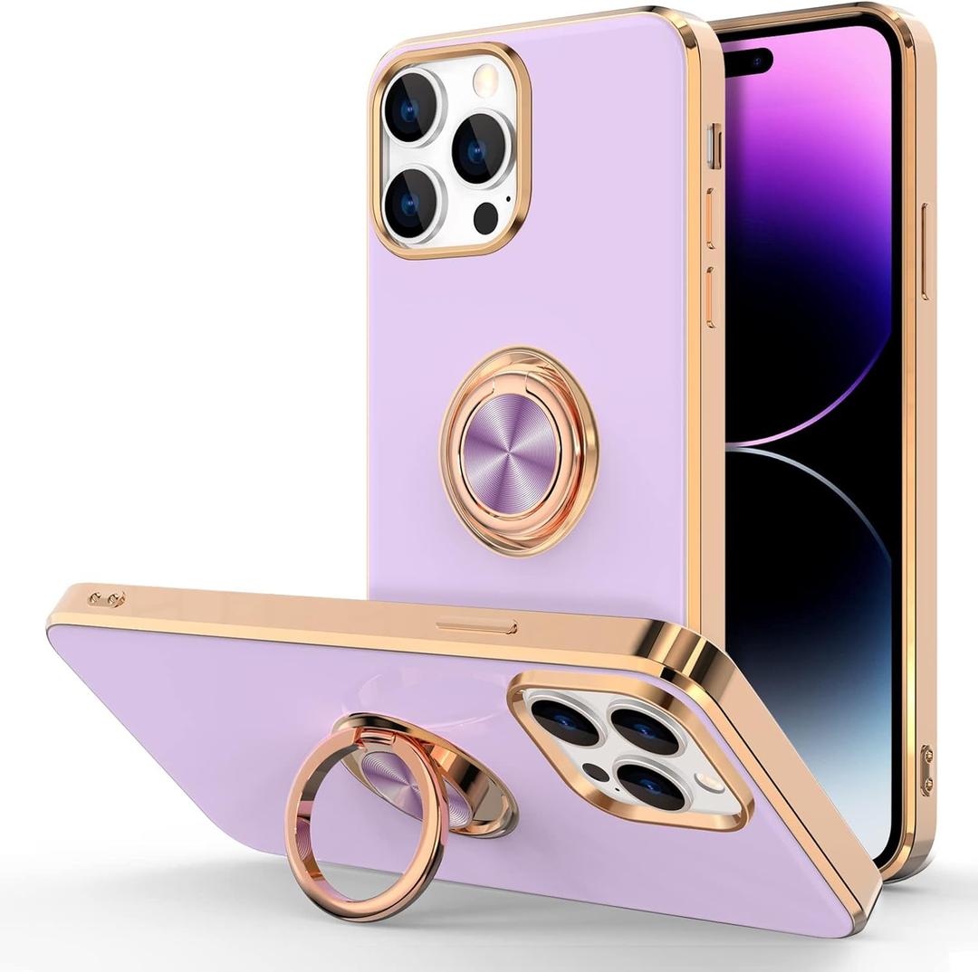 Hython for iPhone 14 Pro Case with Ring Stand [360 Rotatable Ring Holder Magnetic Kickstand] [Support Car Mount] Plated Rose Gold Edge Slim Soft TPU Luxury Protective Phone Case Cover, Purple