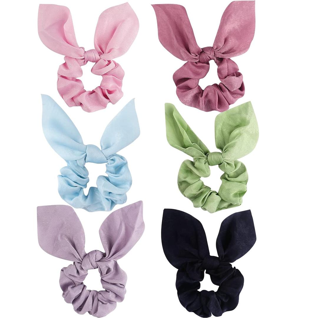 Jaciya Silk Scrunchies for Hair Girls Hair Accessories Hair Bows for Women Bunny Ears and Tail 6 Colors(Rose Red/Pink/Green/Purple/Blue/Navy Blue)