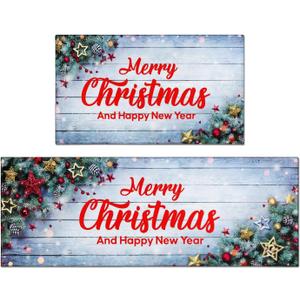 Christmas Kitchen Mats Set of 2, 17x30 + 17x47 Inch Xmas Kitchen Rugs, "Merry Christmas And Happy New Year" Pinecone & Star Decor, Non - Slip Floor Mats for Kitchen, Dining Area Christmas Decoration