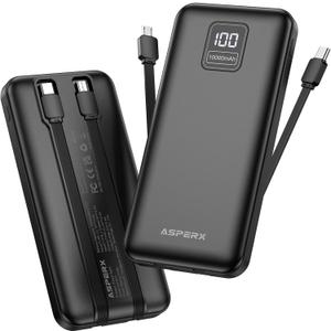 AsperX 2-Pack 10000mAh Portable Charger with Built-in Cables, USB C Travel Essential Battery Pack with 4 Outputs 2 Inputs,LED Display Power Bank with Cord Wires for iPhone Samsung Google Pixel iPad