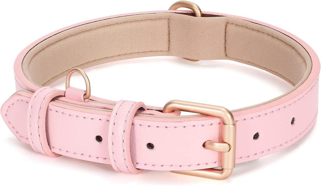 WHIPPY Leather Dog Collar for Small Medium Large Dog Adjustable Soft Breathable Leather Padded Puppy Collar with Alloy Buckle Heavy Duty Waterproof Classic Dog Pet Collar,Pink,S (S:15" - 19")