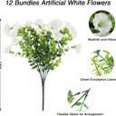 12PCS Artificial Flowers for Outdoor Decorations, Realistic Faux White Silk Petunia Flowers for Outside, Fake Plants Morning Glory with Eucalyptus Porch Patio Planters Window Boxes Decor