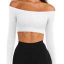 LASLULU Womens White Crop Top Off The Shoulder Tops Seamless Long Sleeve Workout Crop Top Sexy Athletic Gym Yoga Pilates Going Out Tops Shirts (White, Large)