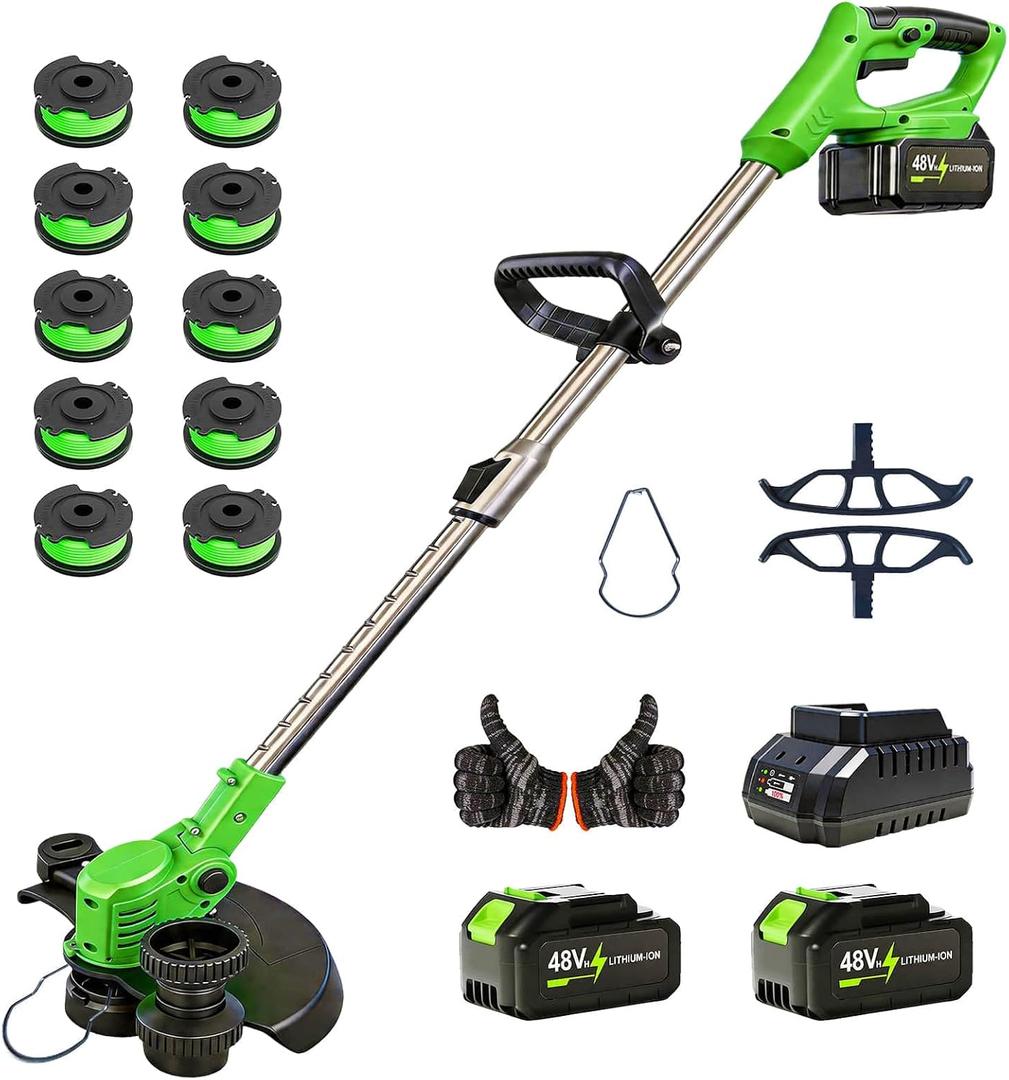 2026 Upgrade 48V 3 in 1 Electric Weed Wacker Cordless, 12’’ Electric Weed Eater Battery Powered 2x4.0AH, Cordless String Trimmer with Auto Spool Feed with 10 Replacement Spools - 1 pcs Green