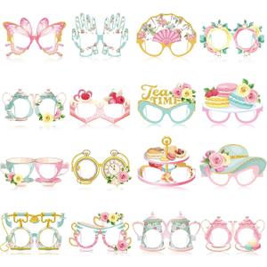 Pajean 32 Pcs Tea Party Decorations Eyeglasses Tea Time Themed Paper Glasses Supplies Floral Photo Booth Props Frame for Garden Floral Bridal Shower Birthday Party Decor Favors Supplies