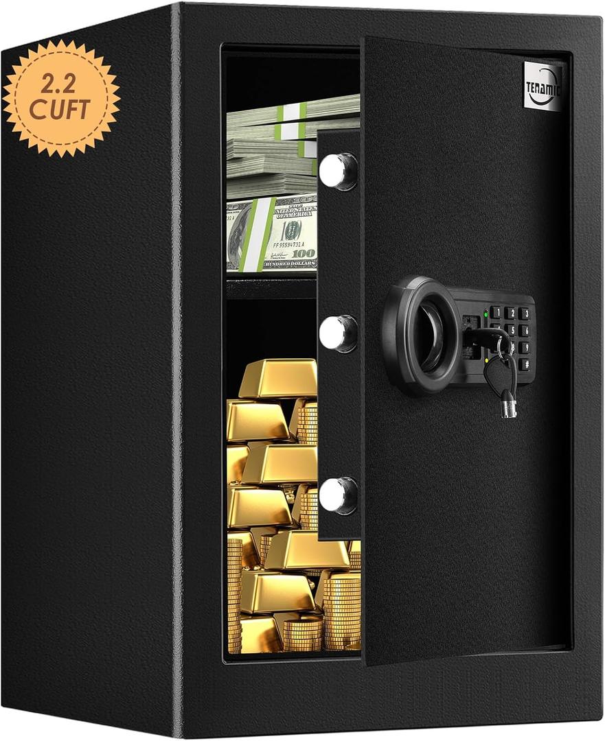 Tenamic Safe Box 2.2 Cuft Fireproof Waterproof Home Safe, Keypad Large Lock Box Cabinet Safes, Solid Alloy Steel Office Hotel Home Safe, Black