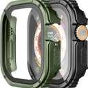 Adepoy 2 Pack Rugged Case Compatible for Apple Watch Ultra/Ultra2 49mm with Tempered Glass Screen Protector, Military All Around Hard TPU Protective Cover Case Shockproof Bumper for iWatch Men 49mm (Black/Army Green)