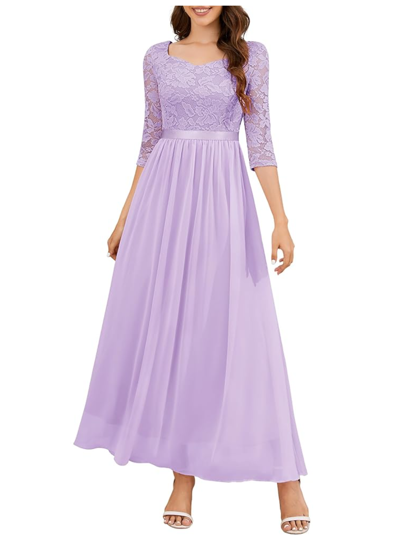 Women's Formal Dress Mother of The Bride Dress 3/4 Sleeve Wedding Guest Dress Maxi Evening Gown, M, Lavender