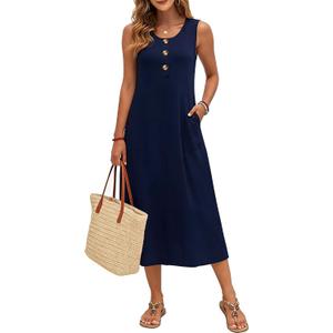 SimpleFun Womens Summer Dresses Casual Midi Sleeveless Button Front Beach Dress Vacation Sundresses with Pockets (Blue, M)
