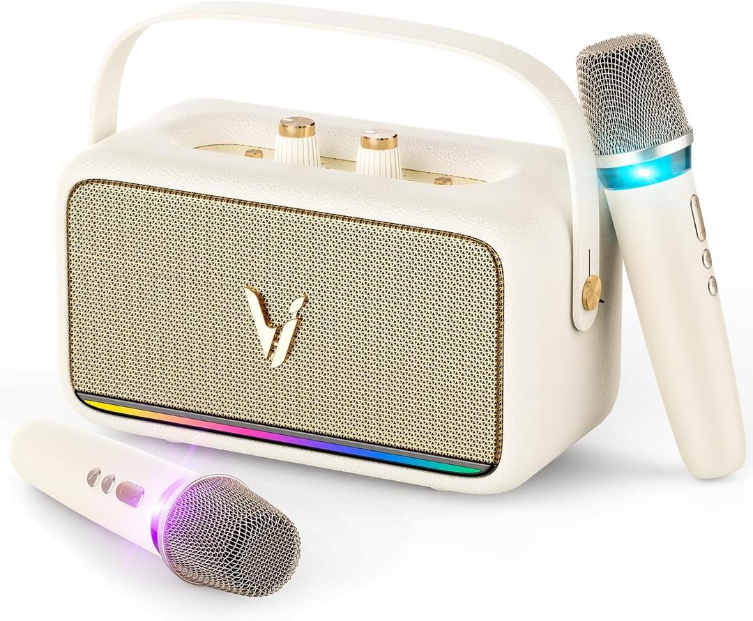 Karaoke Machine with 2 Wireless Mics & Soft Leather Wrap |mini Portable Bluetooth Speaker with 5 Voice Changer Modes for Home Party, AUX/USB/TF Support, for Kids and Adults