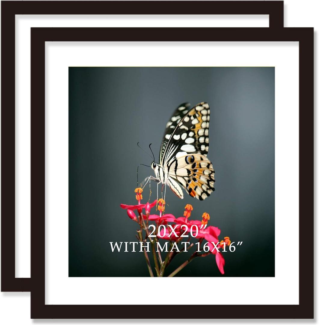 20x20 Frame Black With Mat 16x16 Solid Wood Picture Frames Wall Mounting (2 pack, 20x20 Inch)