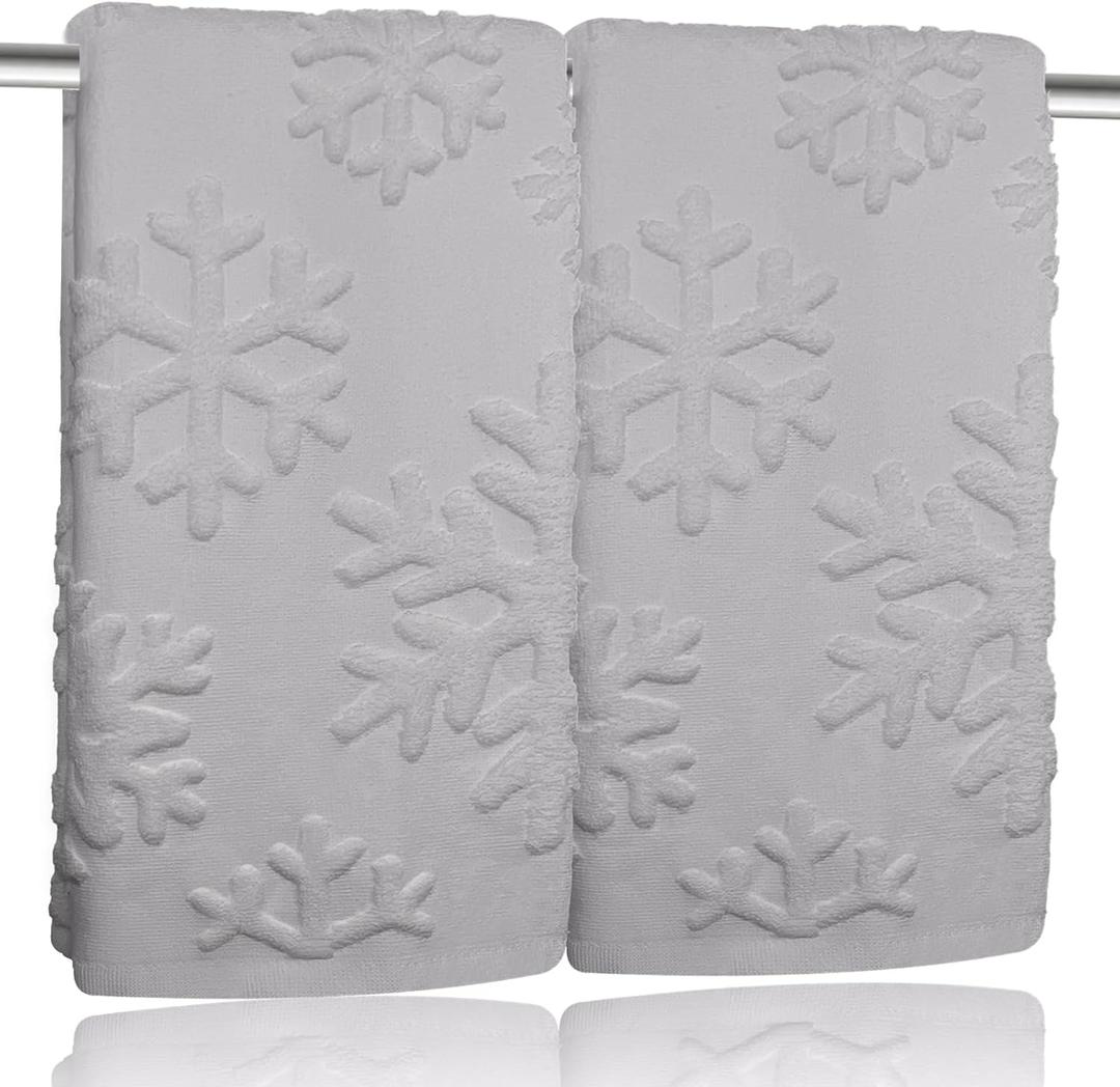 2 Pack Christmas Snowflake Hand Towels 100% Cotton Jacquard Holiday Kitchen Dish Towels Retro Neutral White Bathroom Towels Set Gift Seasonal Xmas Winter Bathroom Decor (Grey Snowflake)
