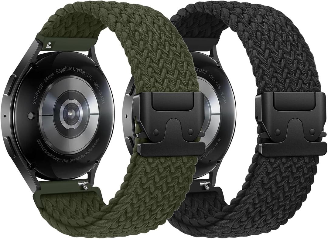 Braided Bands Compatible with Samsung Galaxy Watch Band 7 6 5 4 FE & 6 4 Classic & 5 Pro & Active 2, 20mm Stretchy Sport Band for Smaung Watch 47mm 46mm 45mm 44mm 43mm 42mm 40mm (Black/Army Green)