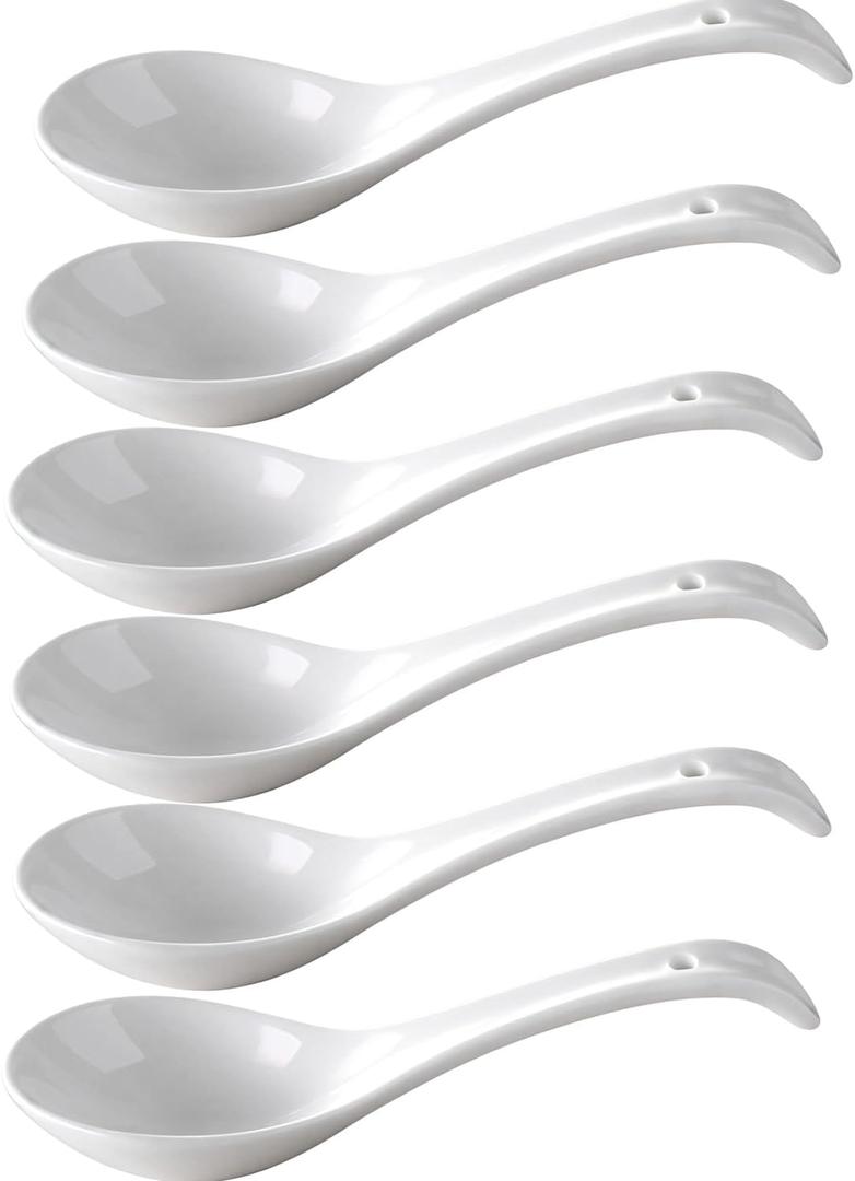 Ceramic Asian Soup Spoons, Set of 6 - Large Deep Oval Japanese Spoons for Ramen, Pho, Wonton, Miso & Noodles, White Chinese Soup Spoons
