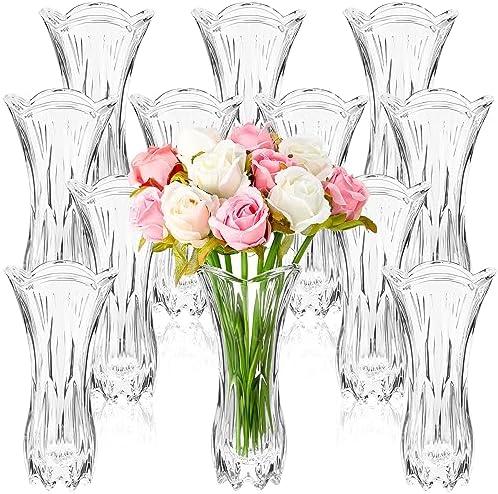 Mifoci 12 Pcs Glass Flower Vase Phoenix Tail Shape Clear Tall Vases for Flowers Thickened Decorative Crystal Vase for Home Wedding Gift Bouquet Bud Office Table Centerpiece Decor, 7.75 x 3.77 Inch ONE IS BROKEN
