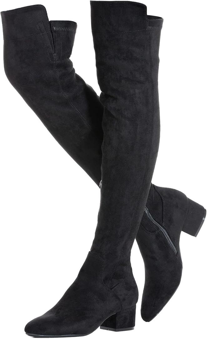 Mtzyoa Women Over The Knee Boots Suede Thigh High Low Block Heel Stretch OTK Walking Comfort (7.5, Black/2 Inch Heel)
