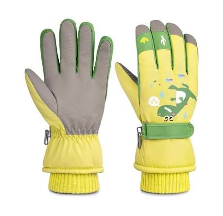 Gilotop Children Ski Gloves Kids Waterproof Winter Outdoor Snowboard Warm Gloves for Boys Girls, Yellow Dino