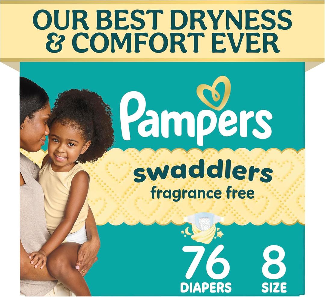 Pampers Swaddlers Diapers, Size 8 (30+ lbs), 76 Count, Fragrance Free, Hypoallergenic, Absorbent, Pediatrician Recommended, Skin Safe